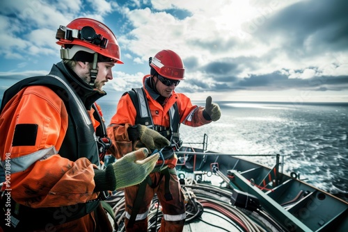 Two men in orange safety gear are standing on a boat, one of them giving a thumbs up photo