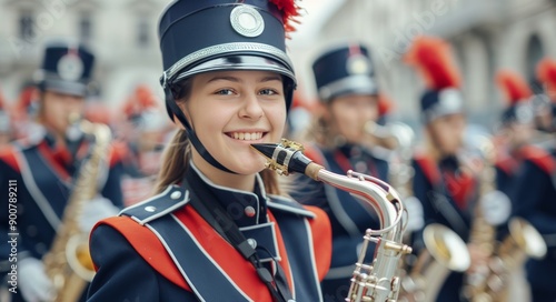 Young Woman Playing Saxophone in Marching Band