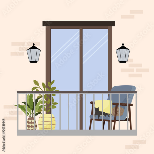 Modern balcony with cozy chair. Apartment building facade. Chair with pillows, potted plants. Flat style. Vector illustration