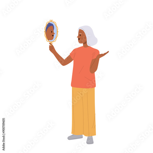 Attractive old woman cartoon character viewing in mirror young girl feeling positive and smiling