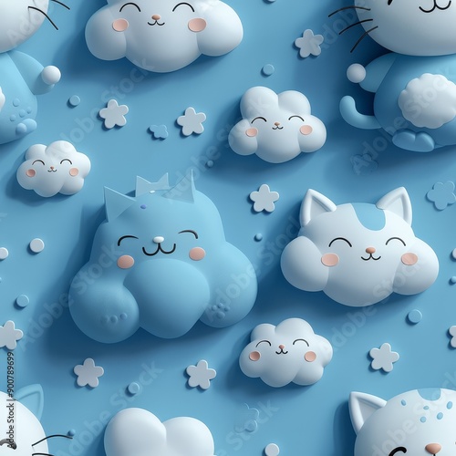 Cute 3D cat clouds - seamless pattern with a blue and white colors