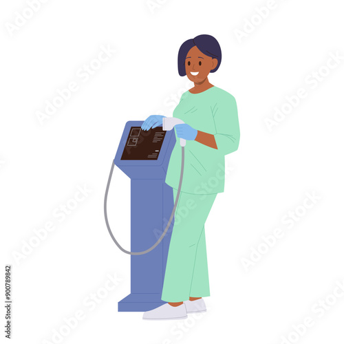 Woman beautician cartoon character wearing uniform standing with laser apparatus for hair remove