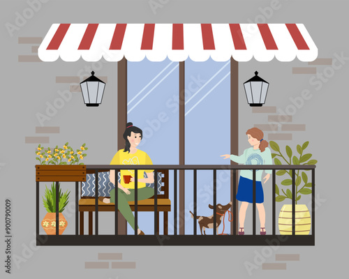 Balcony in the apartment. Teenage girl playing with a puppy. Girl with a cup sitting. Modern balcony in the apartment. Plants in pots and boxes. Canopy from bad weather. House facade. Vector