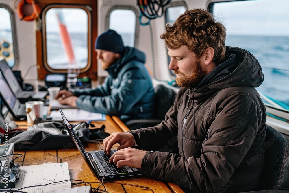 Two men are sitting at a table with laptops, one of them typing. Scene is focused and serious, as the men are working on their laptops Two men are sitting at a table with laptops, one of them typing. Scene is focused and serious, as the men are working on their laptops