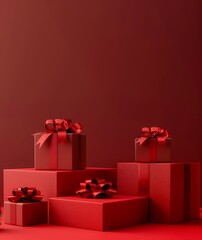 Elegant red gift boxes with red ribbons on a red background for celebrations and holidays