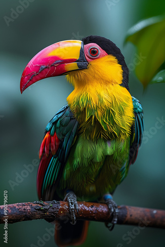 Close-up of a vibrant toucan with a striking yellow and black head, red and yellow beak, and multicolored feathers, perched on a branch in a lush tropical forest