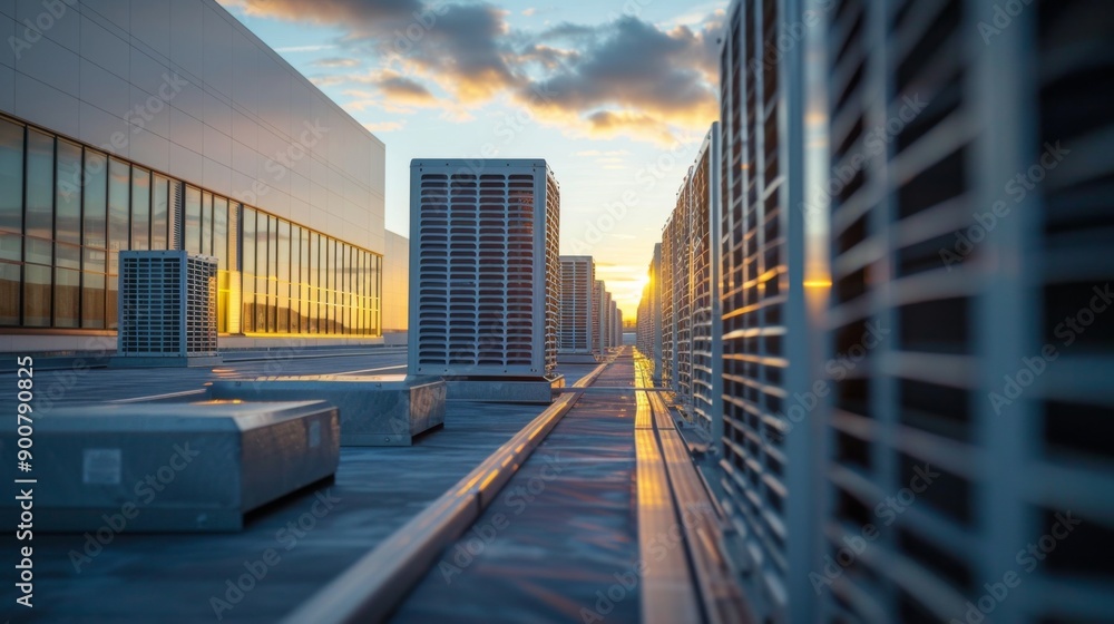 HVAC Systems on Rooftop at Sunset HVAC Systems on Rooftop at Sunset