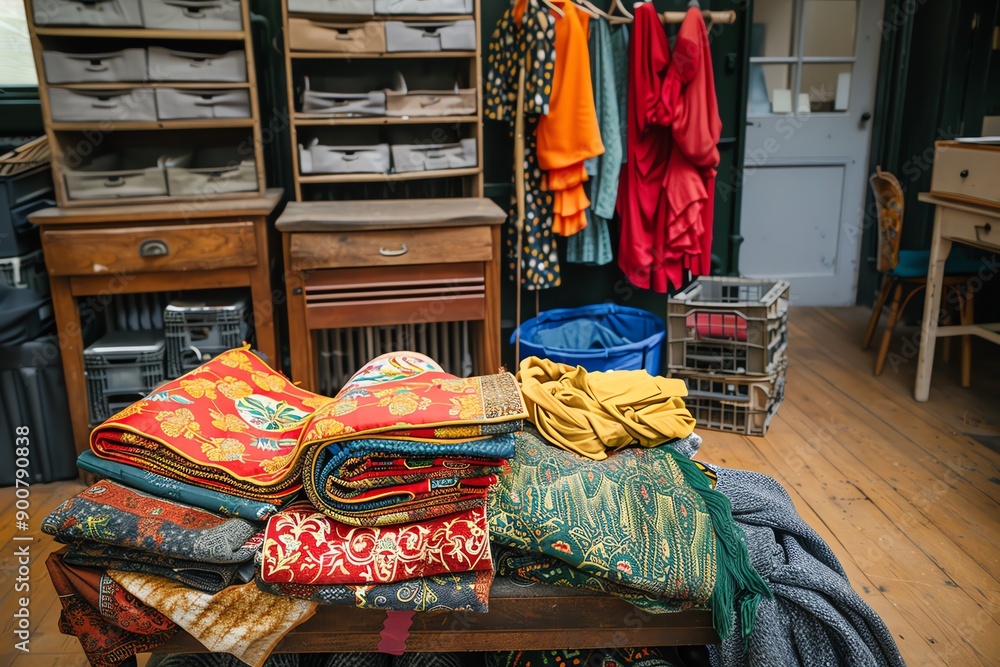 Colorful fabrics and garments displayed in a cozy tailor shop with rustic wooden furniture and organized shelving. Colorful fabrics and garments displayed in a cozy tailor shop with rustic wooden furniture and organized shelving.