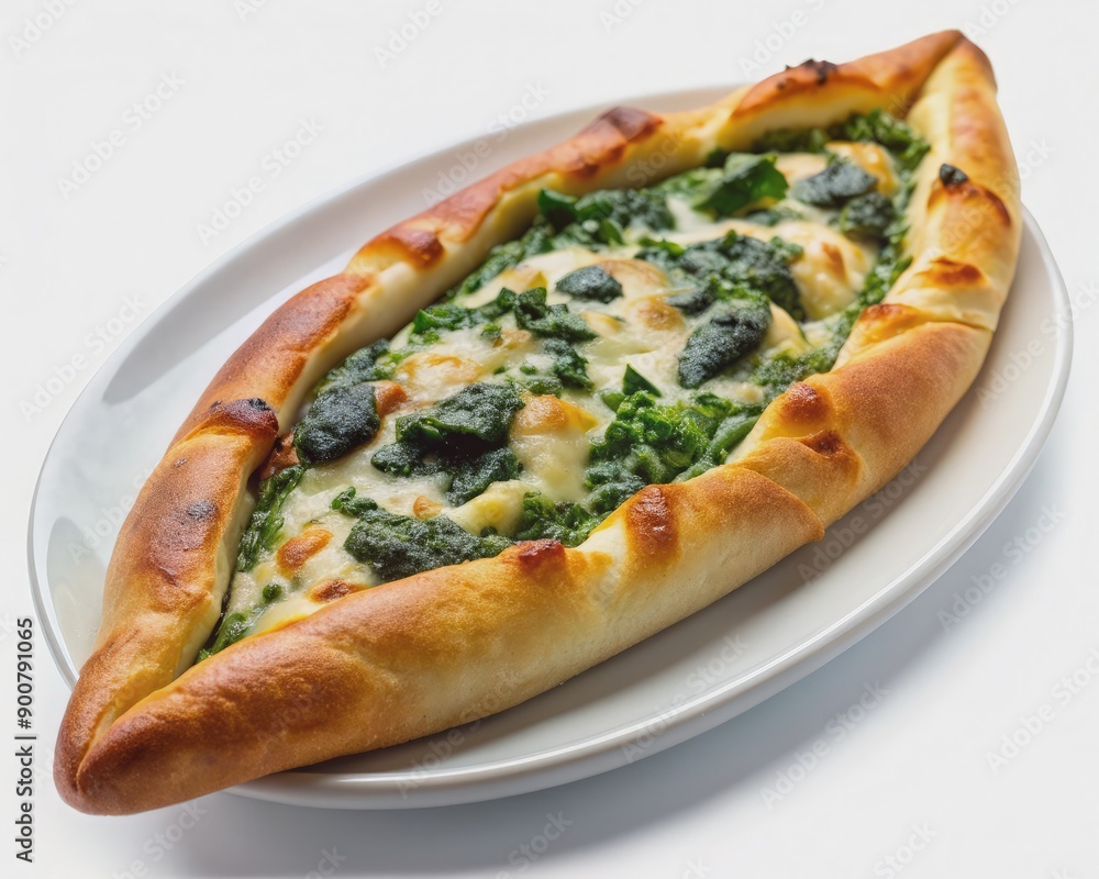Turkish Pide With Spinach and Cheese on a White Plate. Generative AI Turkish Pide With Spinach and Cheese on a White Plate. Generative AI
