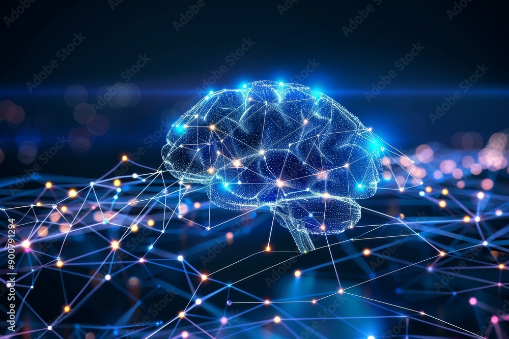 Digital brain with interconnected blue nodes symbolizing neural networks and data connectivity Digital brain with interconnected blue nodes symbolizing neural networks and data connectivity