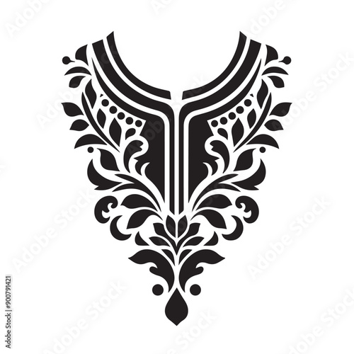 Stencil  Art  collar design for kameez , black and white, white background