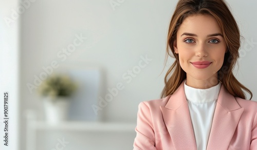 Woman Smiling in Pink Blazer Against a Blue Wall