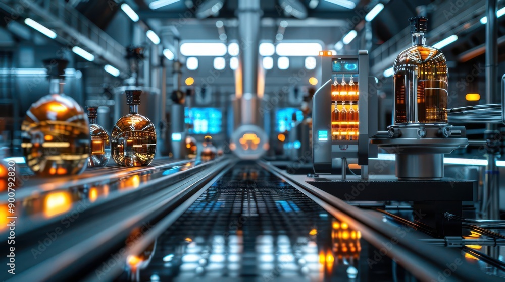 Futuristic brewery with automated brewing machines and holographic displays Futuristic brewery with automated brewing machines and holographic displays