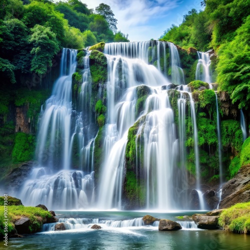 Tranquil Waterfall Cascading Through Lush Green Forest. Generative AI © Irina