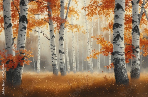 Birch Forest in Autumn Mist