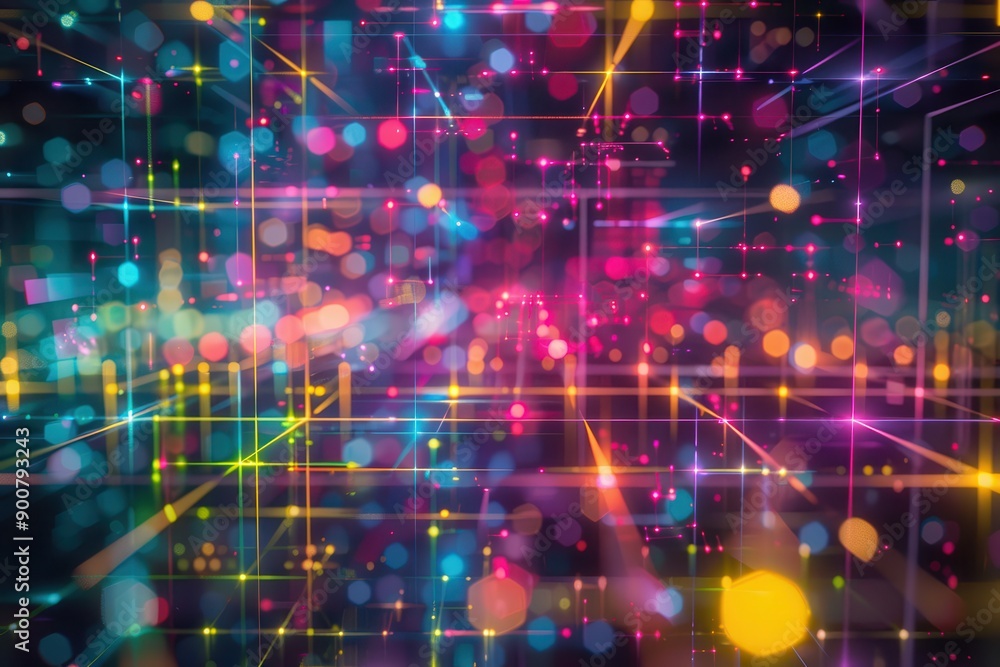 Obraz premium A 3D holographic grid, with intersecting lines and nodes glowing in different colors.