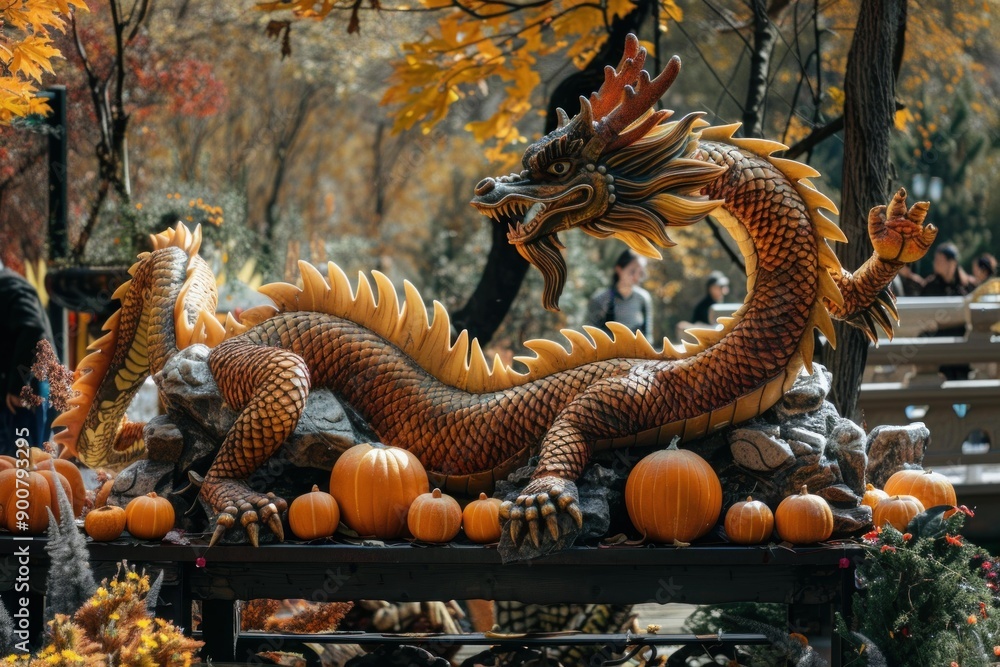 Fototapeta premium Artistic dragon sculpture surrounded by pumpkins during a colorful fall scene