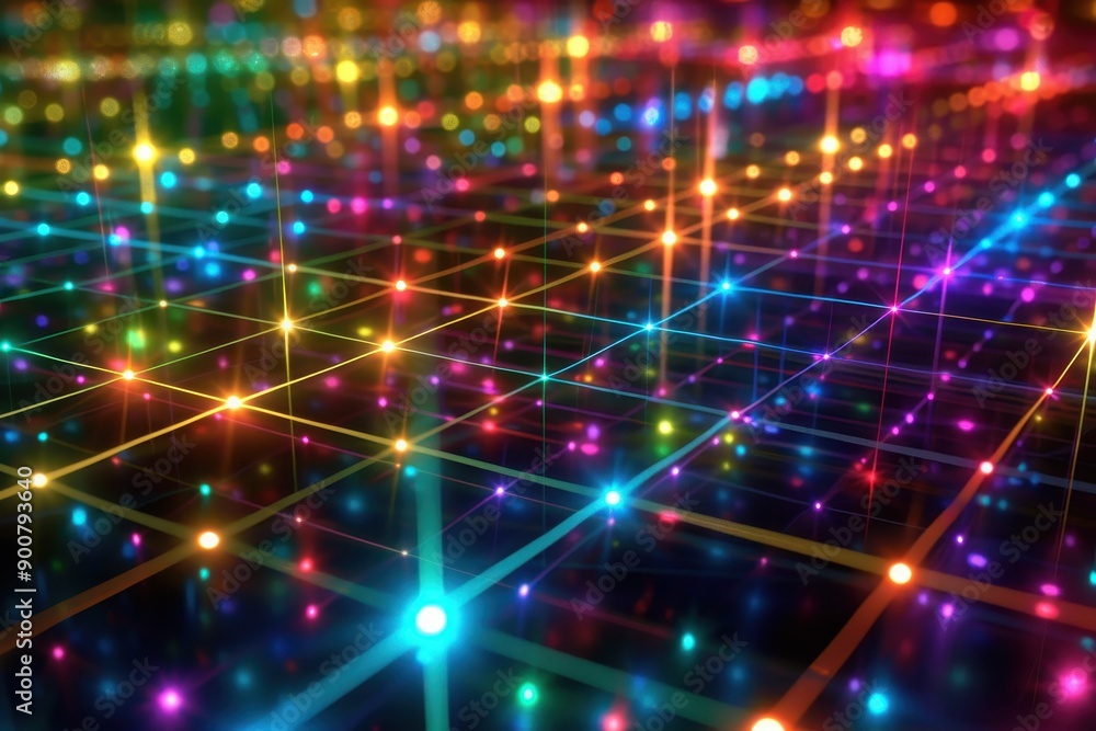 Fototapeta premium A 3D holographic grid, with intersecting lines and nodes glowing in different colors.