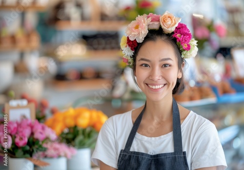 Woman Wearing Flower Crown in Flower Shop