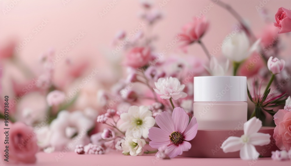 Pink Cream Jar Surrounded By Flowers Pink Cream Jar Surrounded By Flowers