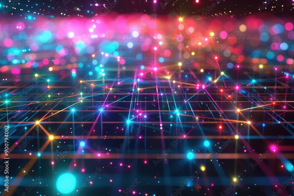 Fototapeta premium A 3D holographic grid, with intersecting lines and nodes glowing in different colors.