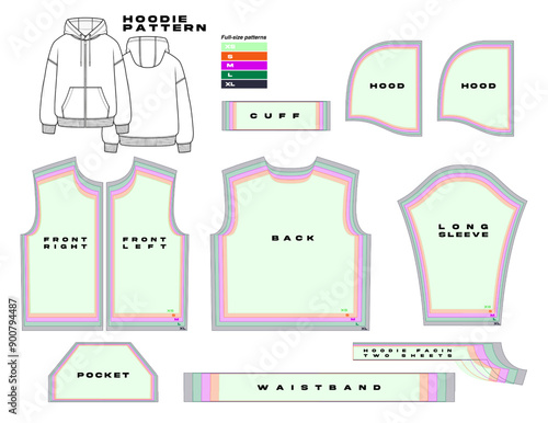 garment sewing pattern, urban clothes pattern. different sizes, hoodie pattern