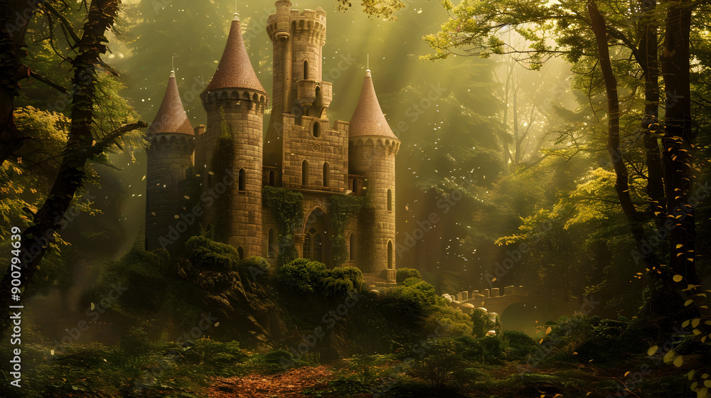 Enchanting castle nestled in a magical forest, bathed in raw, vibrant colors and mystery. Enchanting castle nestled in a magical forest, bathed in raw, vibrant colors and mystery.