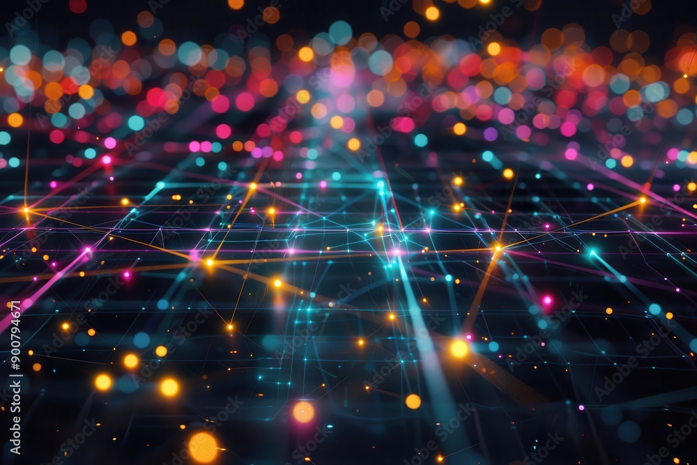 Obraz premium A 3D holographic grid, with intersecting lines and nodes glowing in different colors.