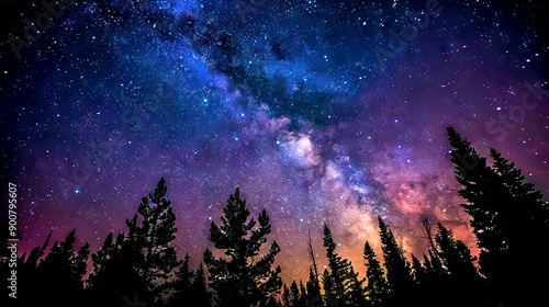 Viewer in the woods at night looking up at the Milky Way galaxy stargazing over tree silhouettes, scenic nature in the wilderness, cosmic twilight astrophotography