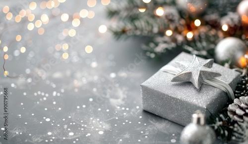 Silver Gift Box With Lights And Pine