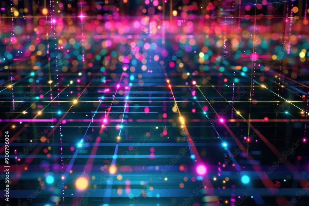 Fototapeta premium A 3D holographic grid, with intersecting lines and nodes glowing in different colors.