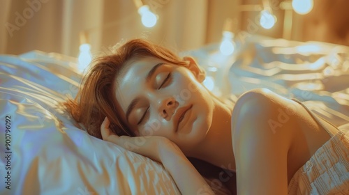 A Young Woman Sleeping with Warm Lighting and Soft Sheets photo