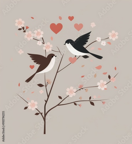 Two Birds on a Branch With Blossoms