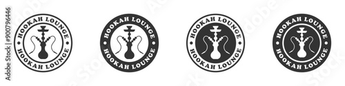Hookah lounge icons with circular badge design in outline and silhouette styles. Ideal for nightlife, relaxation, and leisure themes. Vector illustration.