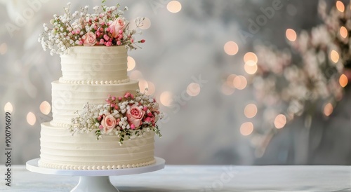 Three-Tiered Wedding Cake With Flowers