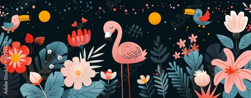 Flamingo and Toucans in a Tropical Garden