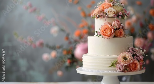 Three-Tiered Wedding Cake With Flowers