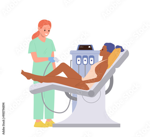 Relaxed female client cartoon character visiting cosmetologist office at spa salon for hair removal