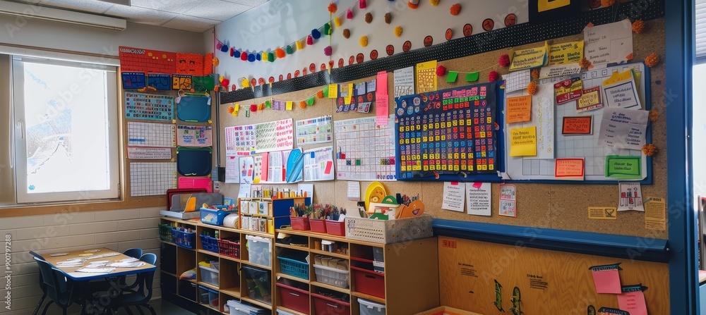 Obraz premium Colorful Classroom Bulletin Board Showcasing Student Projects and Educational Achievements