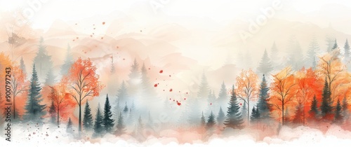 Watercolor Forest in Autumn Mist