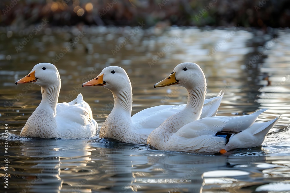 Fototapeta premium Three white ducks glide on a serene pond with golden light reflecting off the water