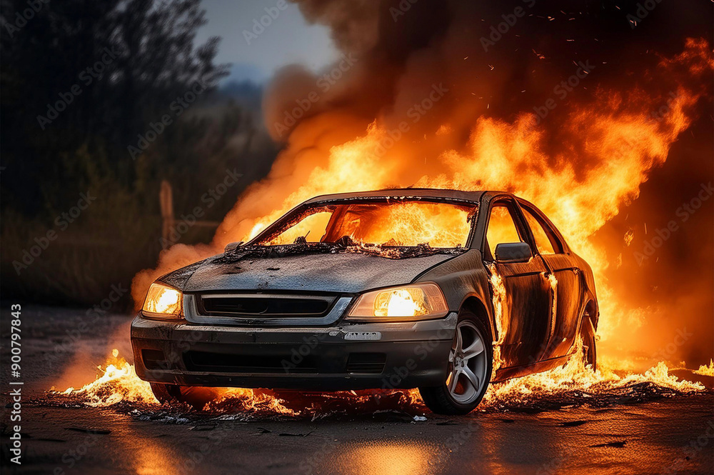 Ein Auto steht in Flammen