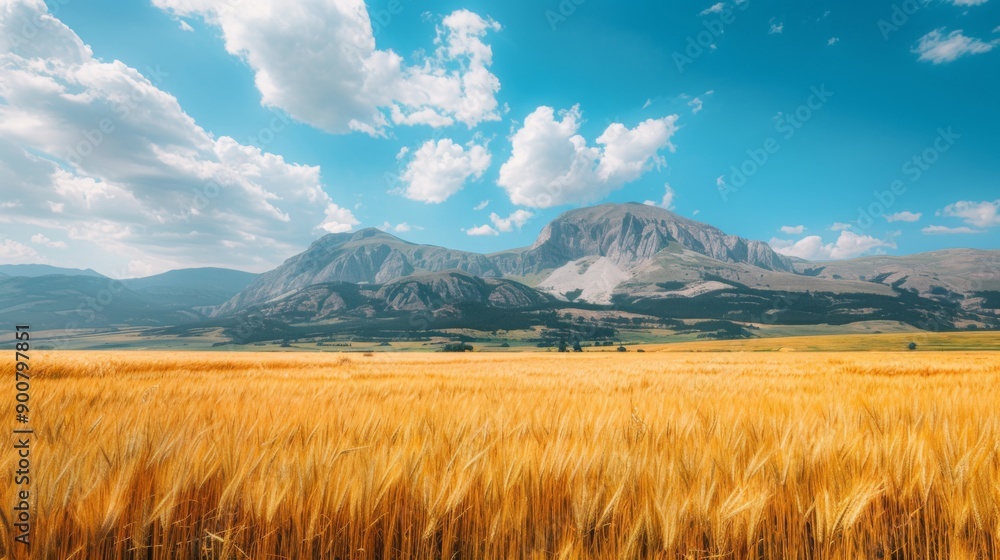 Fototapeta premium Golden Wheat Field and Majestic Mountain Range