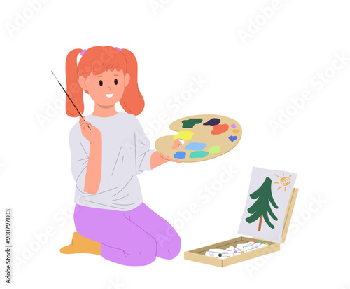 Little preschool girl artist cartoon child character creating artwork with acrylic paintings