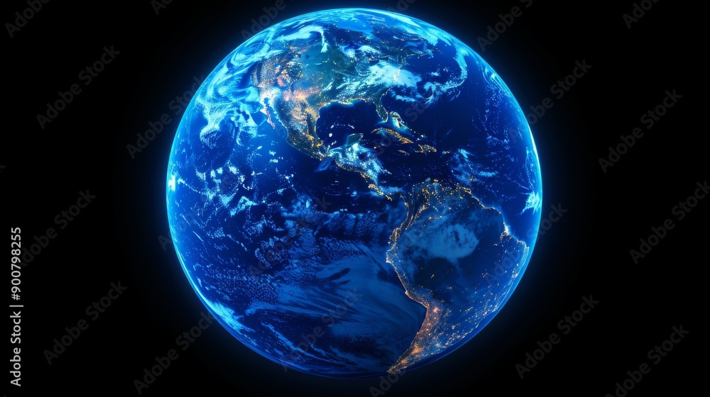 Blue Glowing Earth from Space with Lights Blue Glowing Earth from Space with Lights