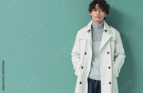 Man in White Trench Coat Against Teal Wall