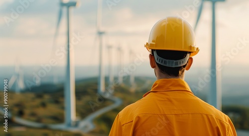Worker Observing Wind Turbines