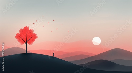 Person Standing Under Red Tree at Sunset