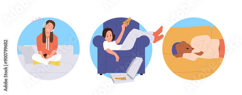 Isolated round icon composition set with relaxed children characters feeling lazy and carefree