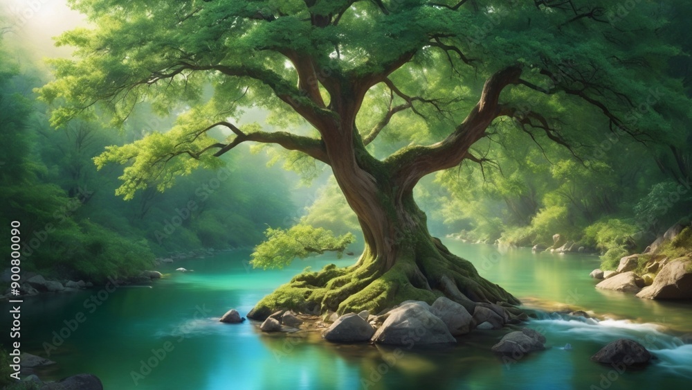 Tall Tree With Lush Green Canopy and Small Waterfall Tall Tree With Lush Green Canopy and Small Waterfall